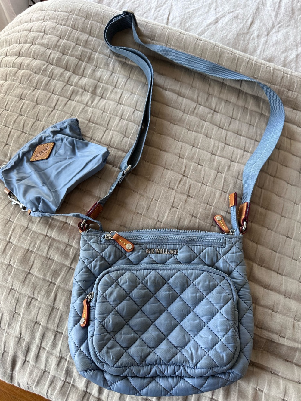 MZ Wallace Quilted Crossbody Bag in Light Blue with Leather Trim